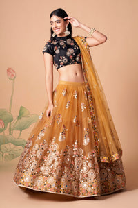 Gold Soft Net Mirror Embroidered Lehenga Choli Set