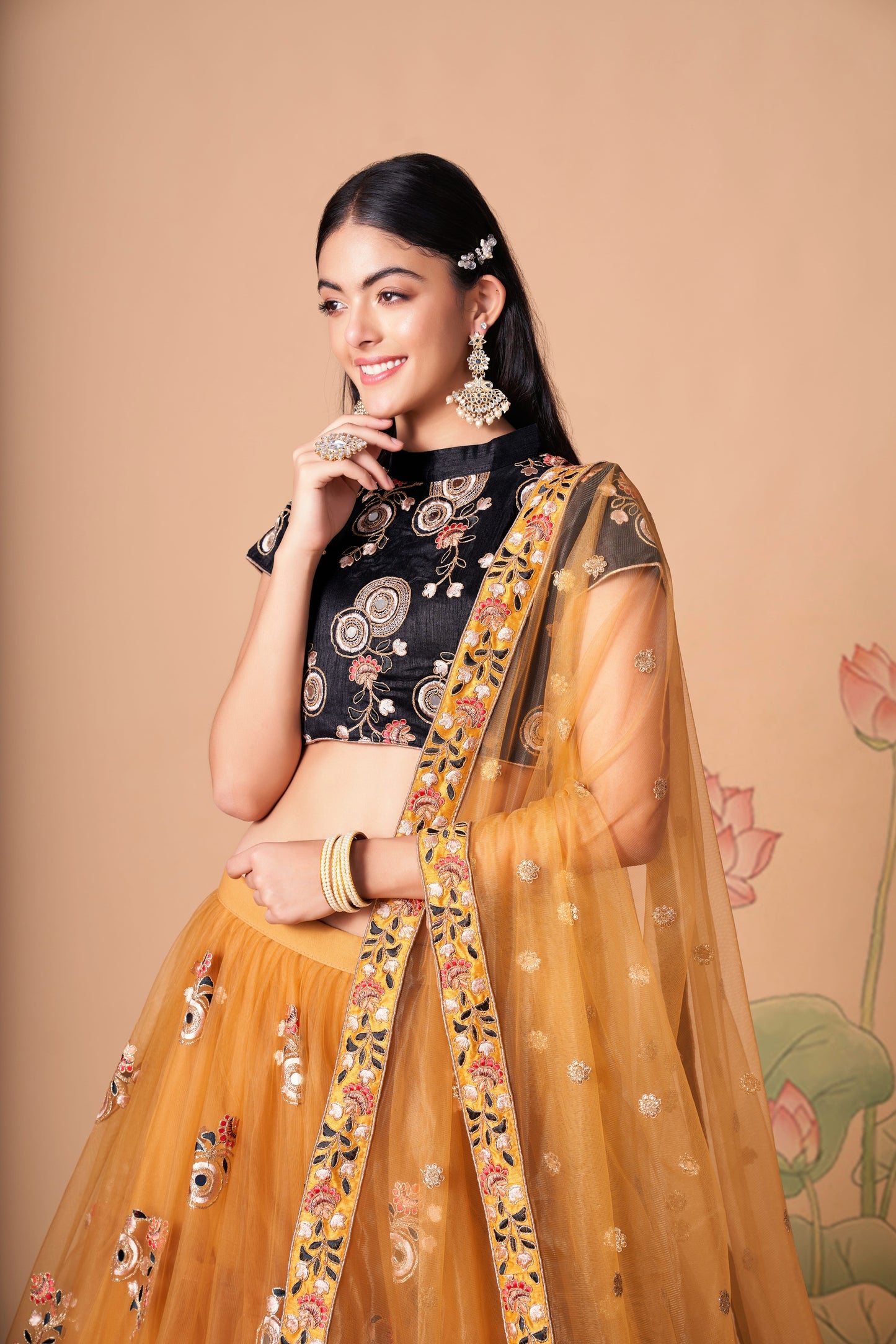 Gold Soft Net Mirror Embroidered Lehenga Choli Set