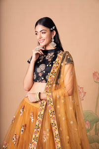 Gold Soft Net Mirror Embroidered Lehenga Choli Set