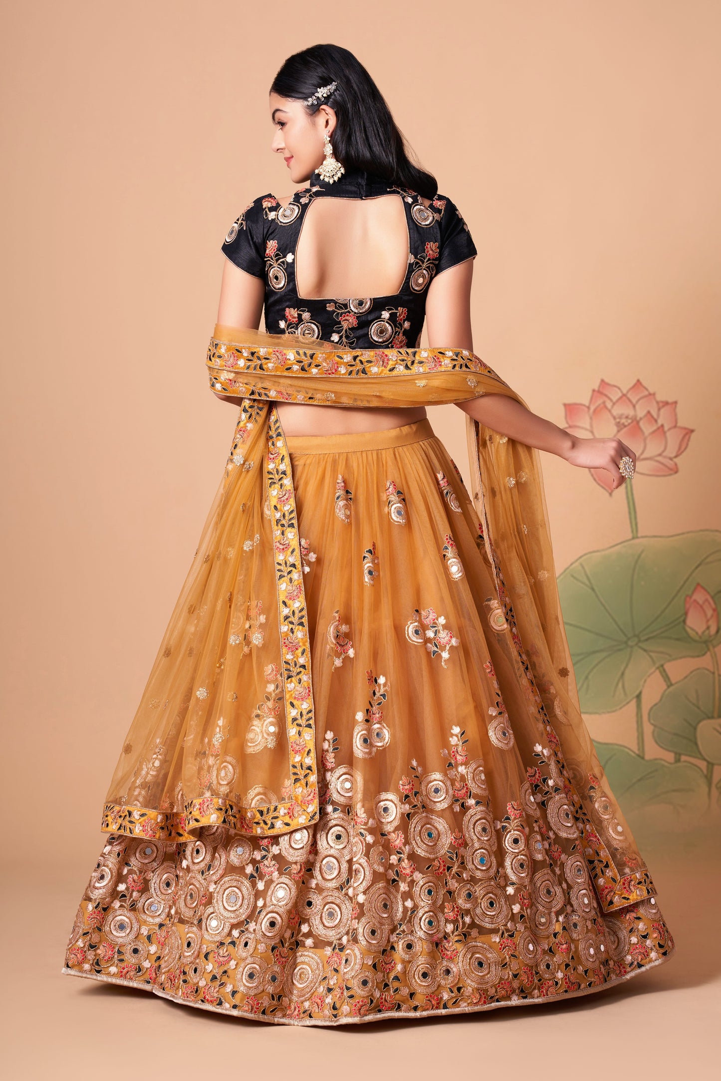 Gold Soft Net Mirror Embroidered Lehenga Choli Set