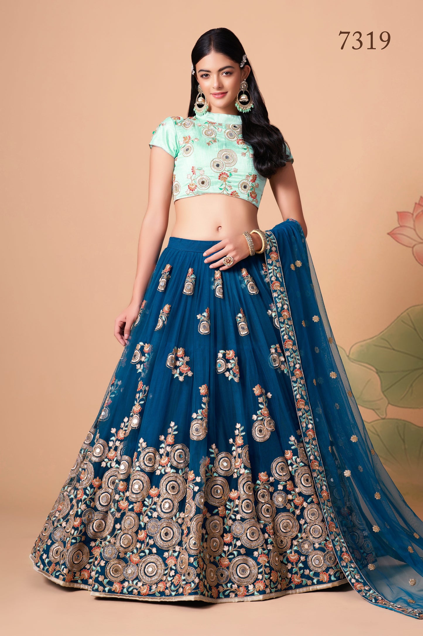 Dove Blue Soft Net Mirror Embroidered Lehenga Choli Set