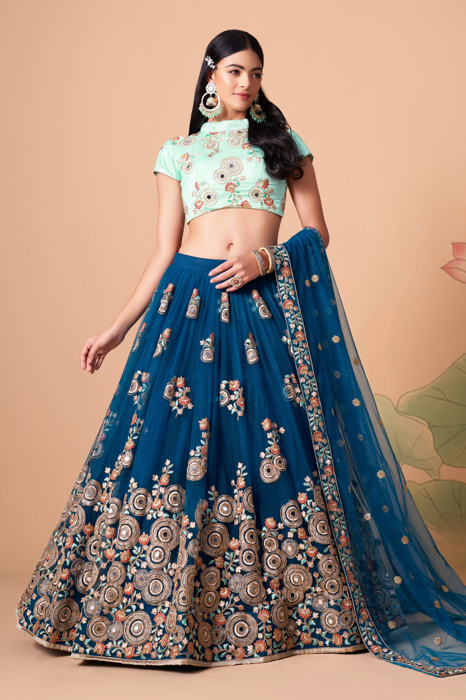 Dove Blue Soft Net Mirror Embroidered Lehenga Choli Set