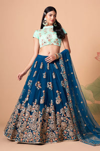 Dove Blue Soft Net Mirror Embroidered Lehenga Choli Set