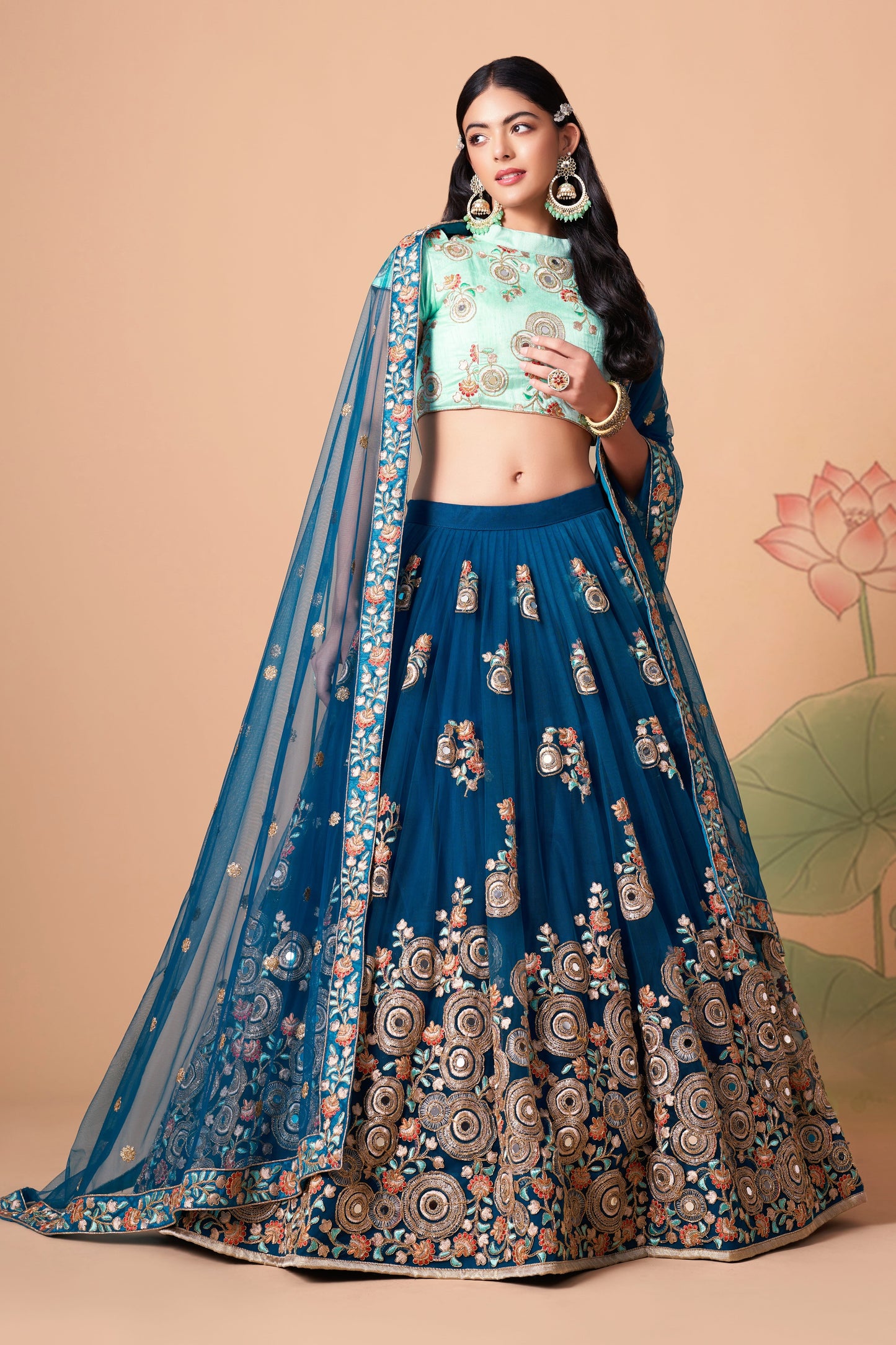 Dove Blue Soft Net Mirror Embroidered Lehenga Choli Set