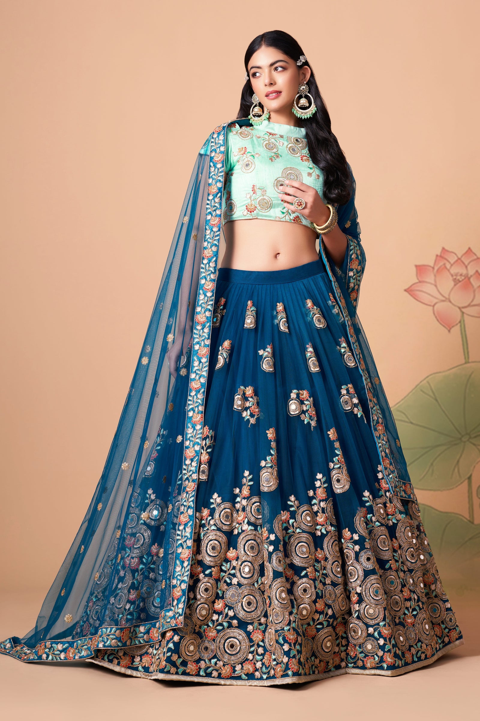 Dove Blue Soft Net Mirror Embroidered Lehenga Choli Set