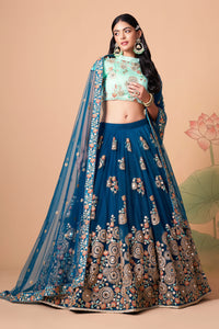 Dove Blue Soft Net Mirror Embroidered Lehenga Choli Set