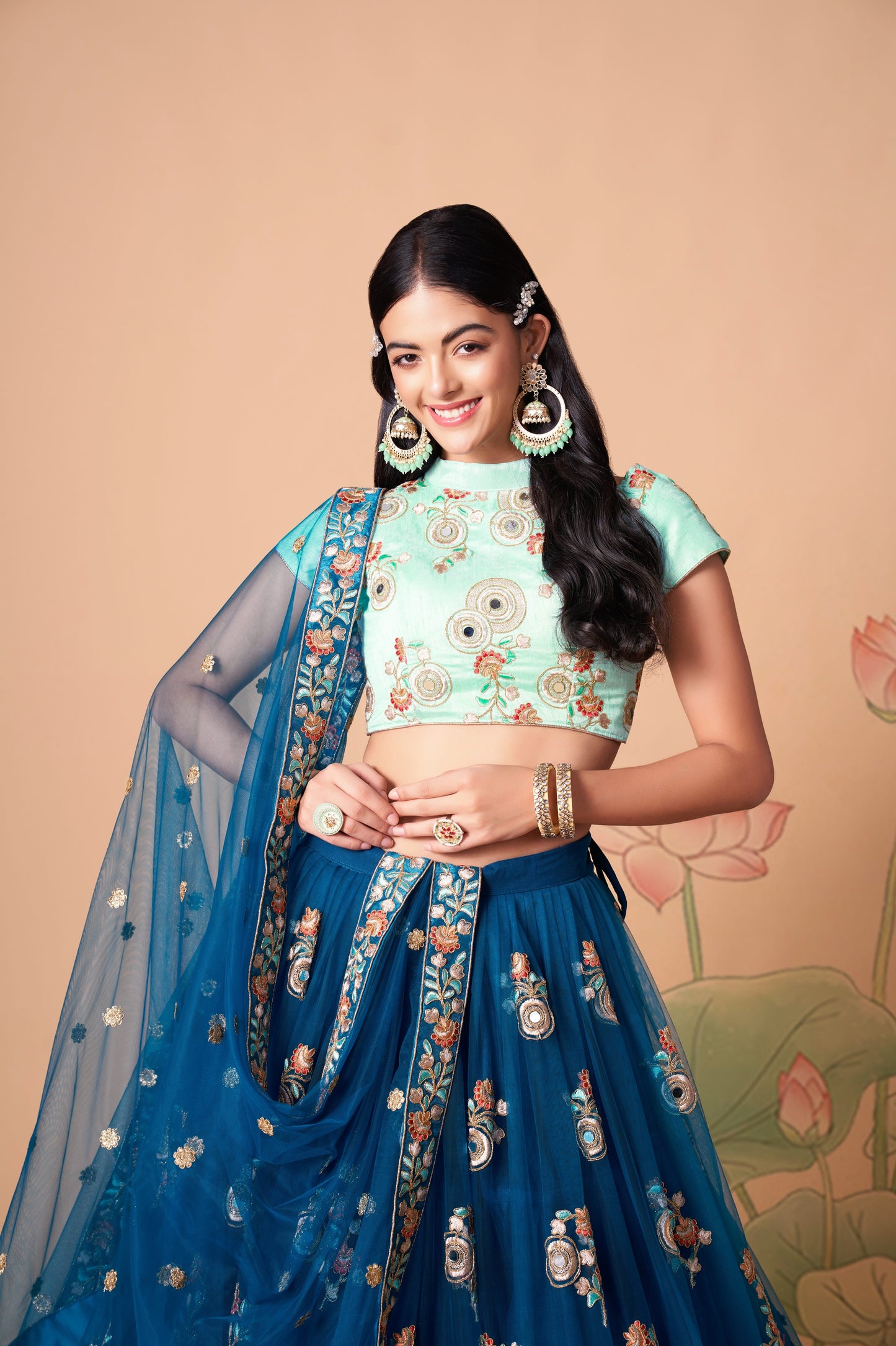 Dove Blue Soft Net Mirror Embroidered Lehenga Choli Set