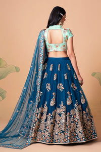 Dove Blue Soft Net Mirror Embroidered Lehenga Choli Set