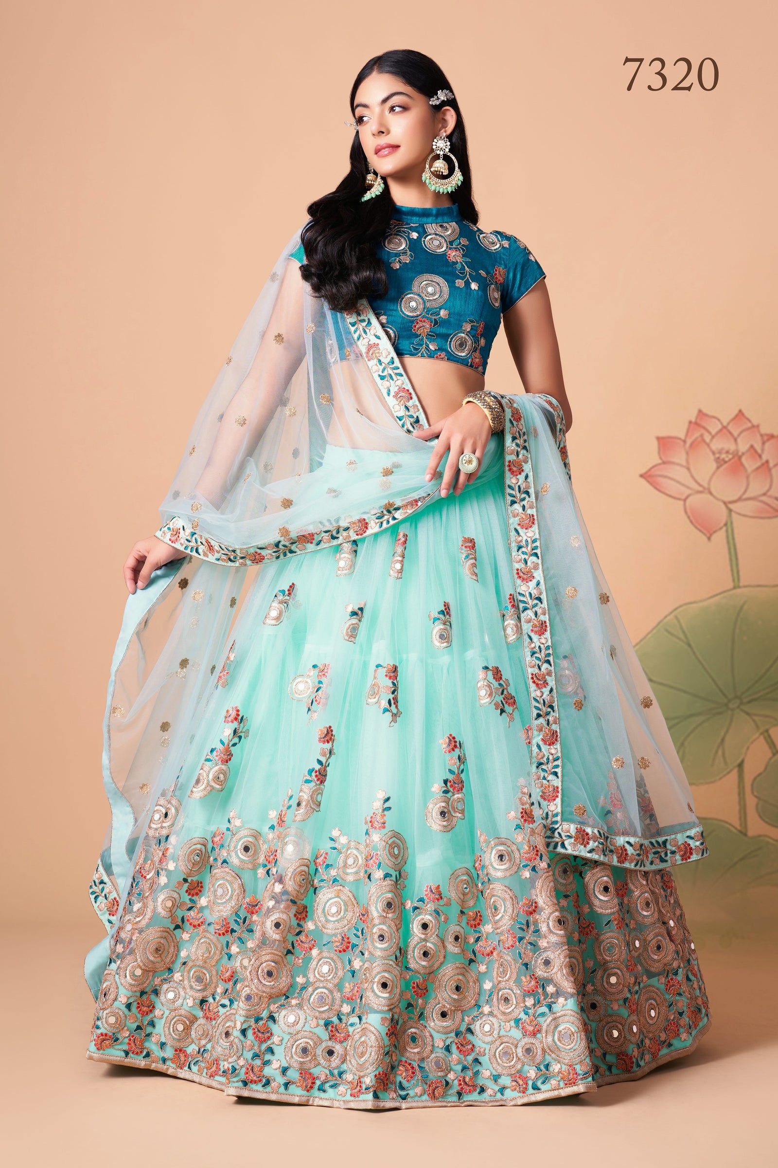 Sky Blue Soft Net Mirror Embroidered Lehenga Choli Set
