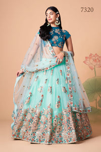 Sky Blue Soft Net Mirror Embroidered Lehenga Choli Set