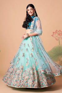 Sky Blue Soft Net Mirror Embroidered Lehenga Choli Set