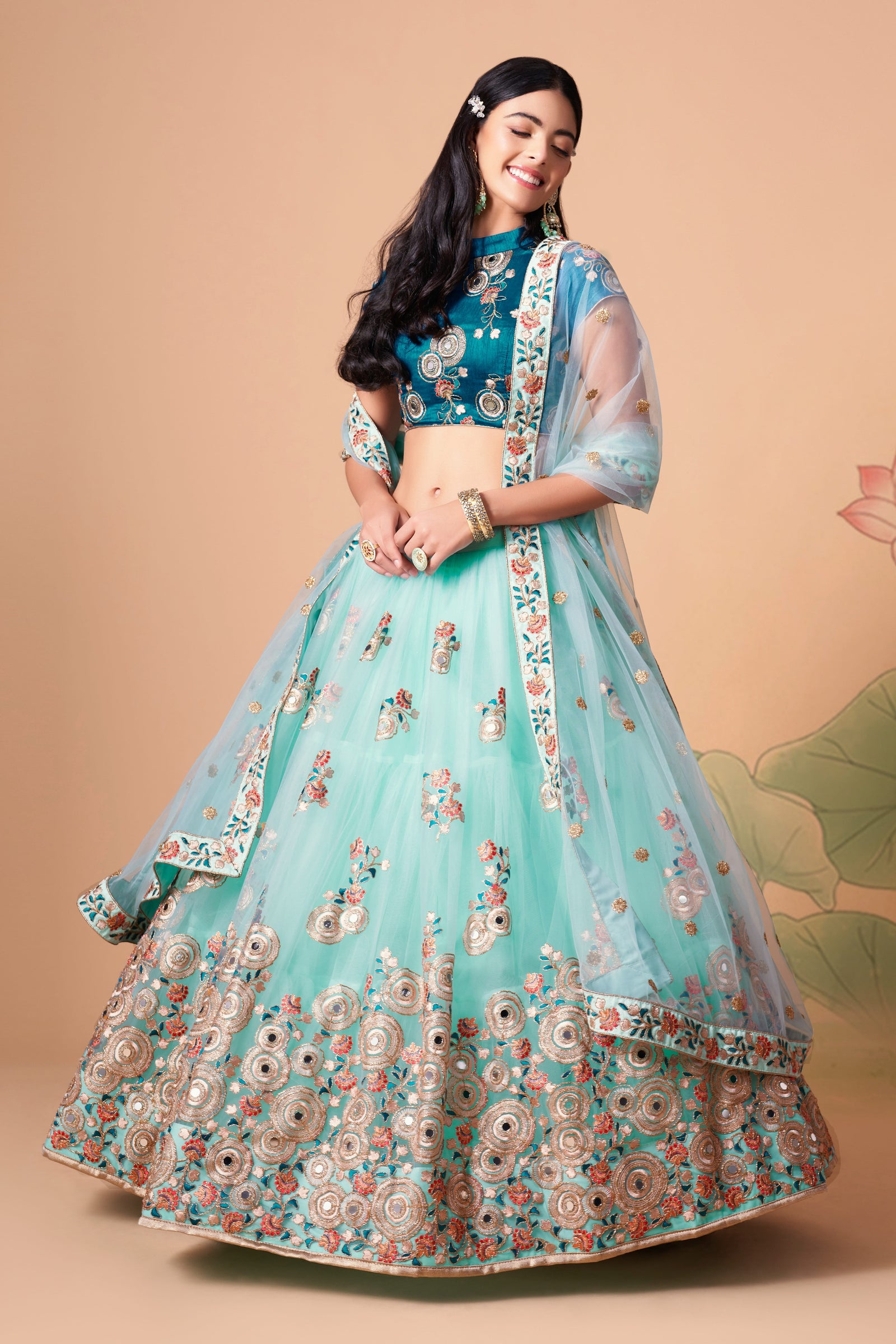 Sky Blue Soft Net Mirror Embroidered Lehenga Choli Set