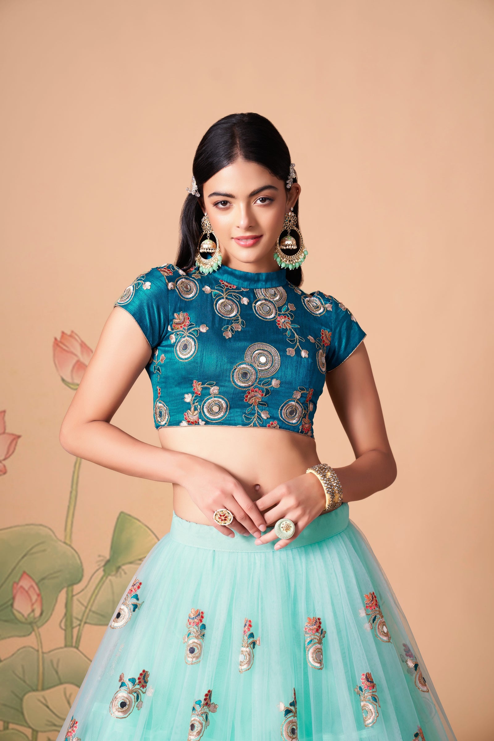 Sky Blue Soft Net Mirror Embroidered Lehenga Choli Set