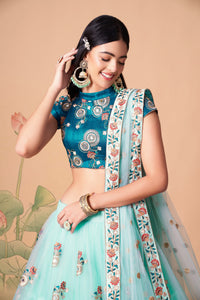 Sky Blue Soft Net Mirror Embroidered Lehenga Choli Set
