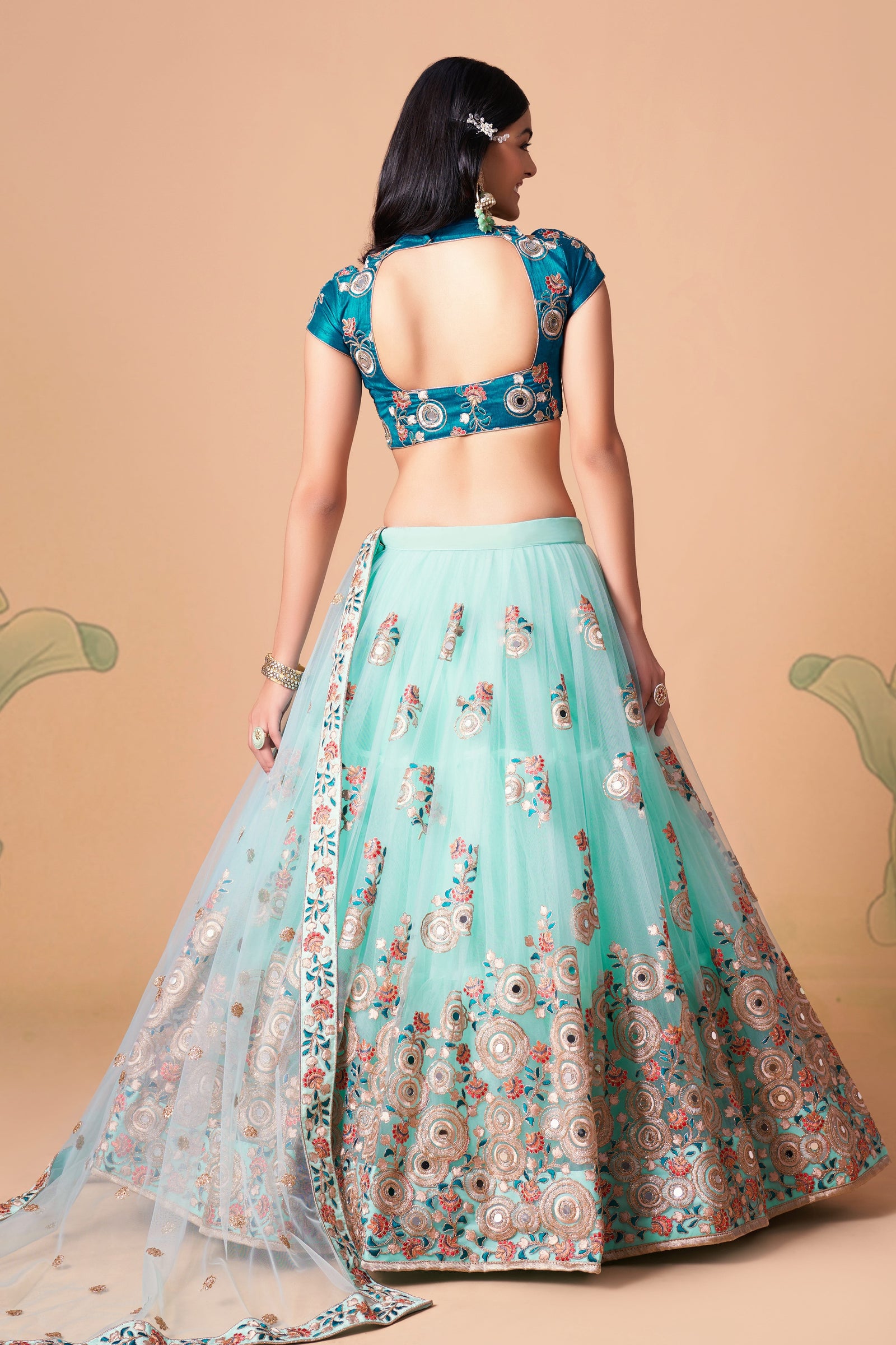 Sky Blue Soft Net Mirror Embroidered Lehenga Choli Set
