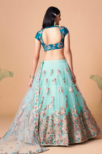 Sky Blue Soft Net Mirror Embroidered Lehenga Choli Set