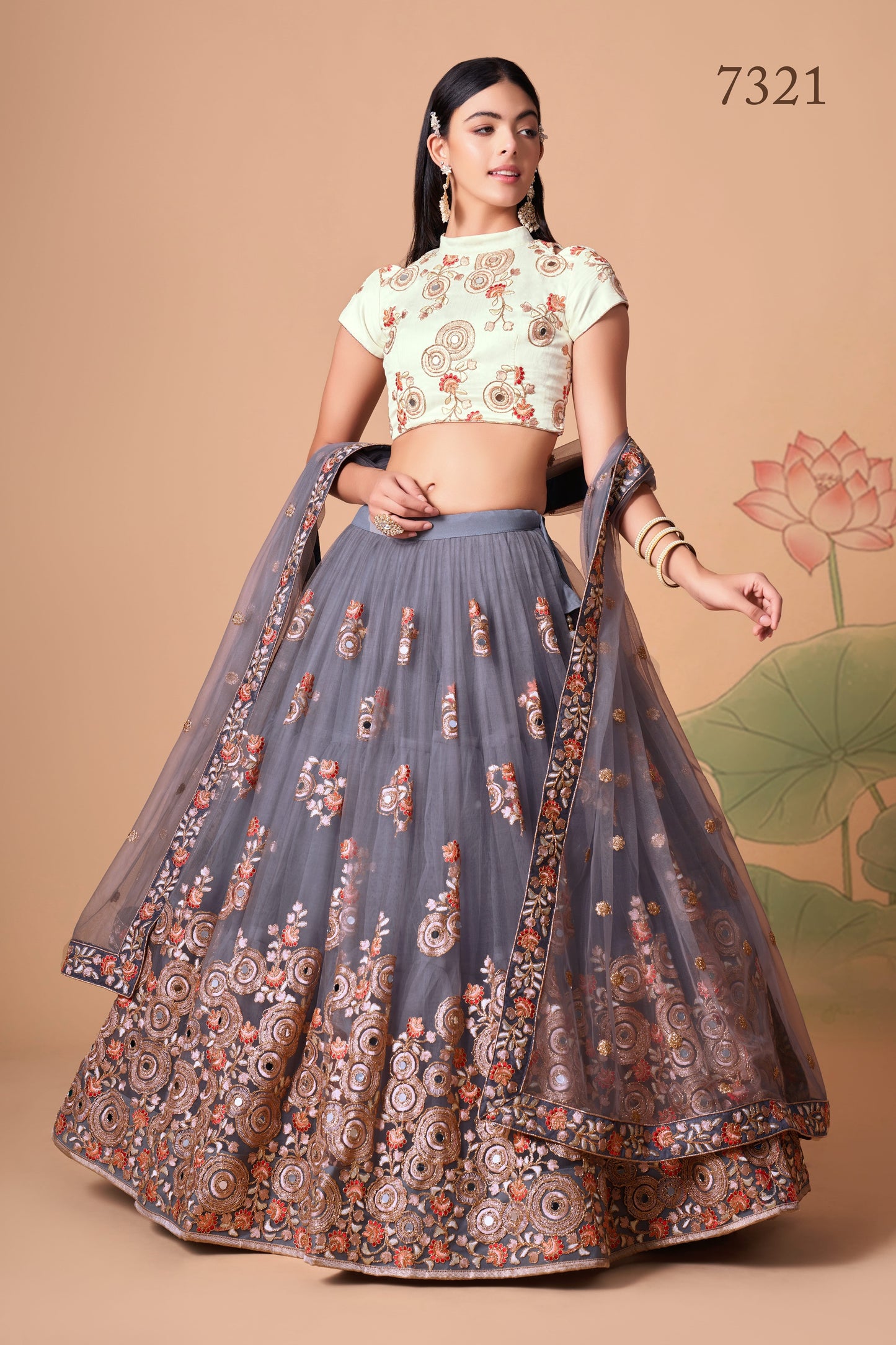 Grey Soft Net Mirror Embroidered Lehenga Choli Set