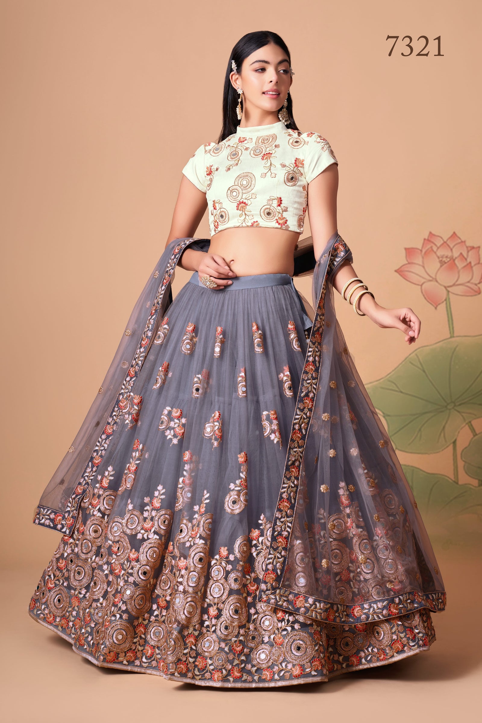Grey Soft Net Mirror Embroidered Lehenga Choli Set