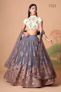 Grey Soft Net Mirror Embroidered Lehenga Choli Set