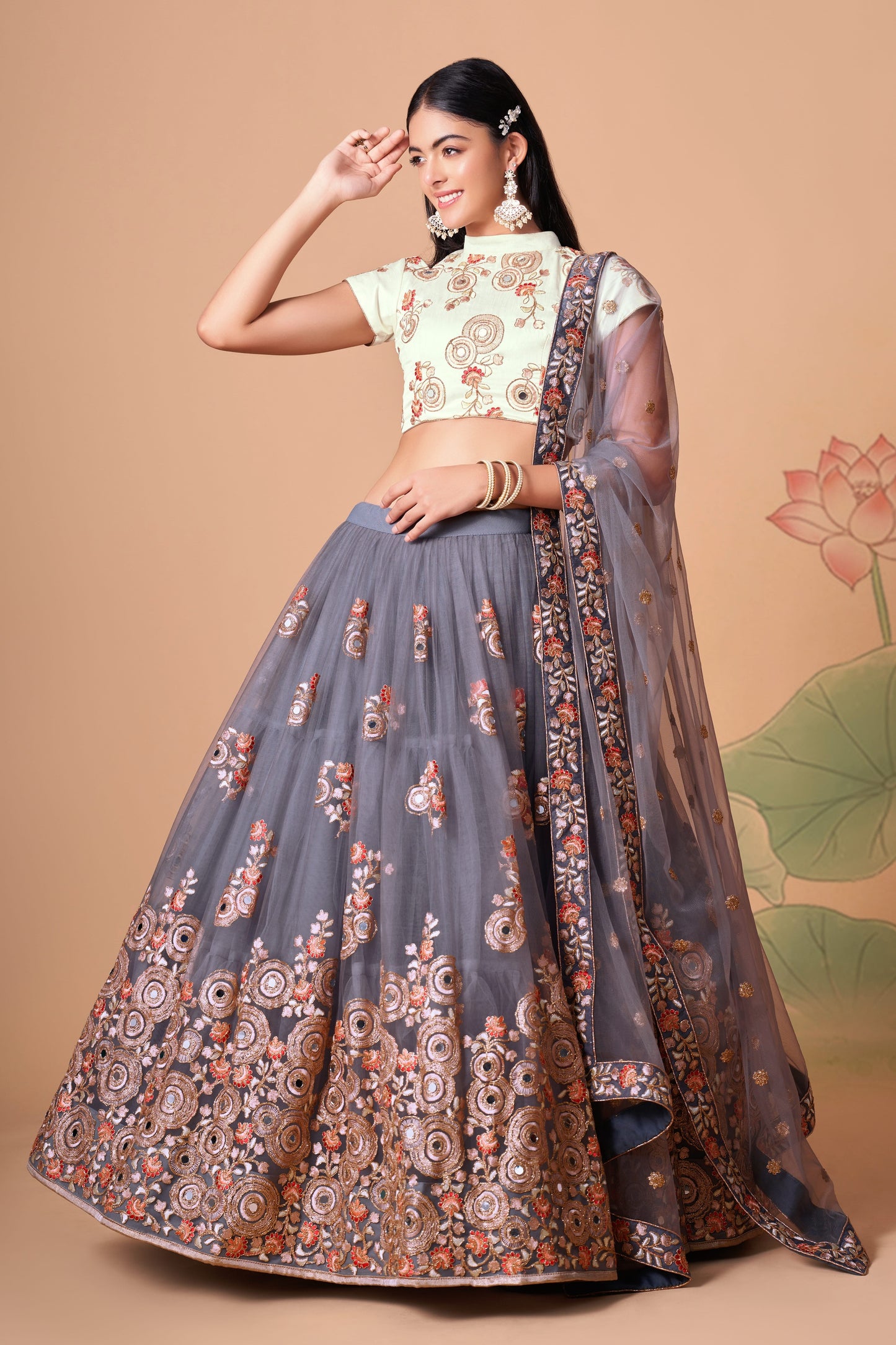 Grey Soft Net Mirror Embroidered Lehenga Choli Set