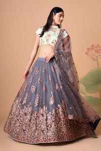 Grey Soft Net Mirror Embroidered Lehenga Choli Set