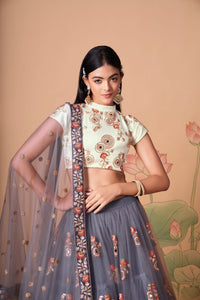 Grey Soft Net Mirror Embroidered Lehenga Choli Set