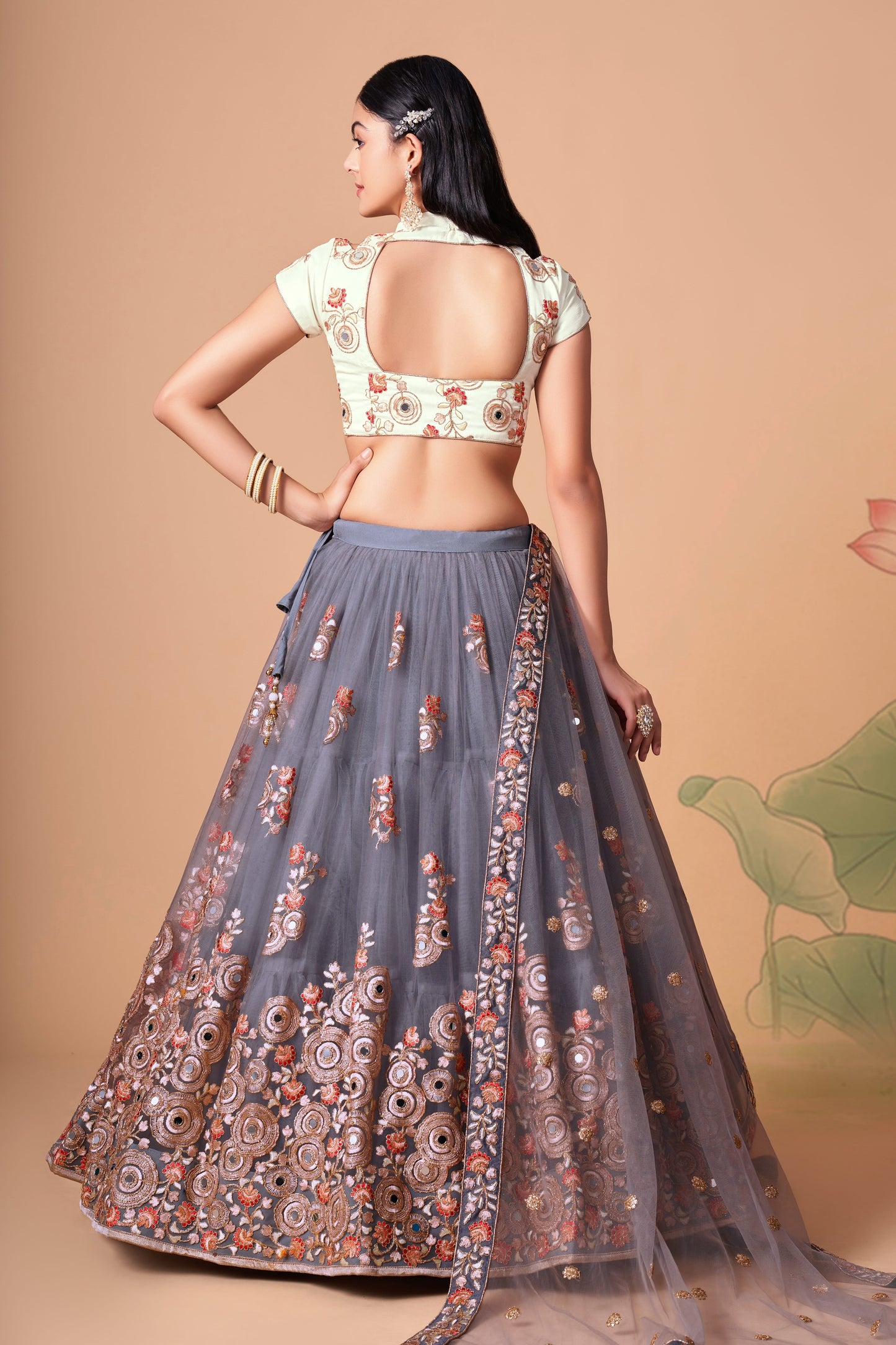 Grey Soft Net Mirror Embroidered Lehenga Choli Set