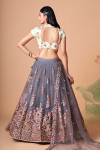 Grey Soft Net Mirror Embroidered Lehenga Choli Set
