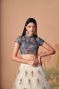 Off White Soft Net Mirror Embroidered Lehenga Choli Set