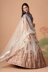 Off White Soft Net Mirror Embroidered Lehenga Choli Set