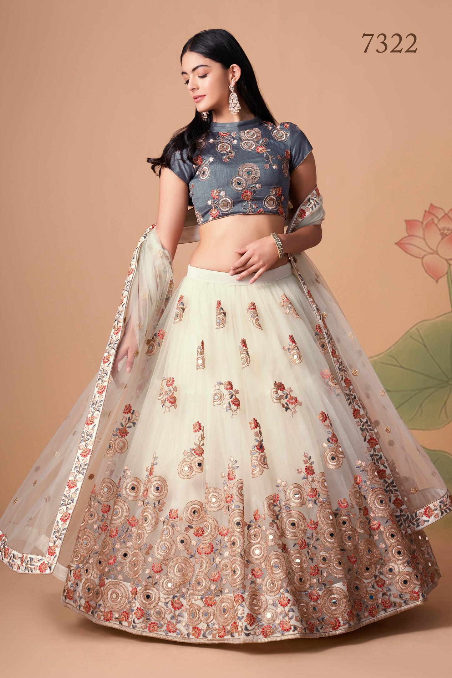 Off White Soft Net Mirror Embroidered Lehenga Choli Set