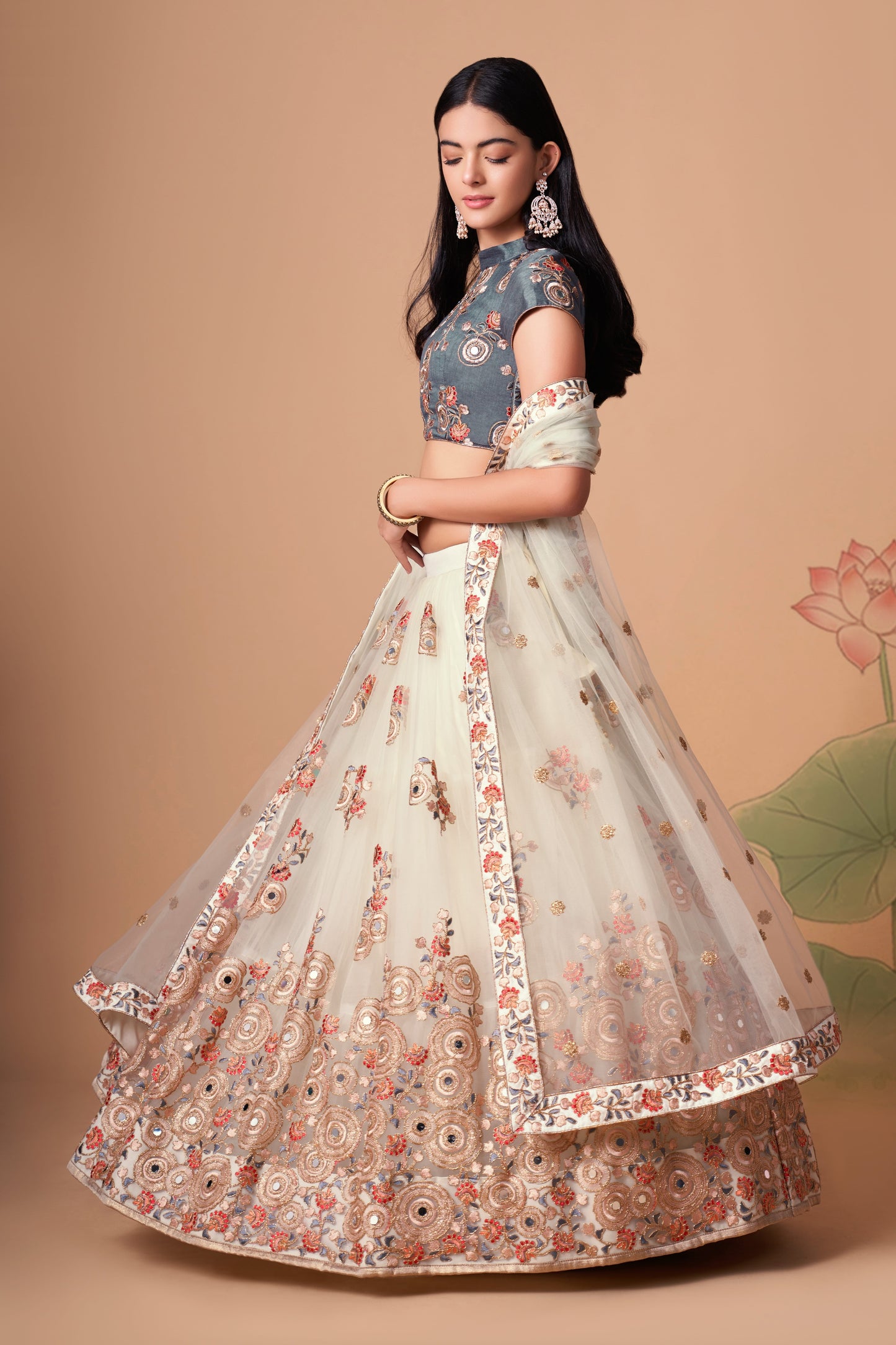 Off White Soft Net Mirror Embroidered Lehenga Choli Set