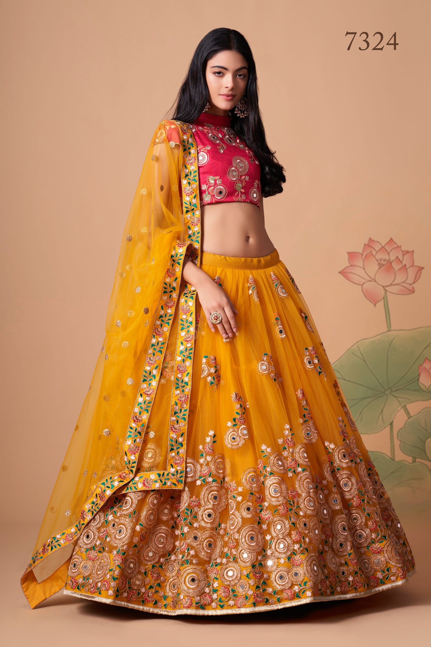 Yellow Soft Net Mirror Embroidered Lehenga Choli Set
