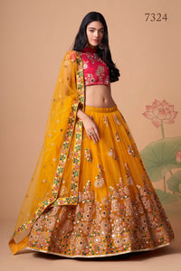 Yellow Soft Net Mirror Embroidered Lehenga Choli Set