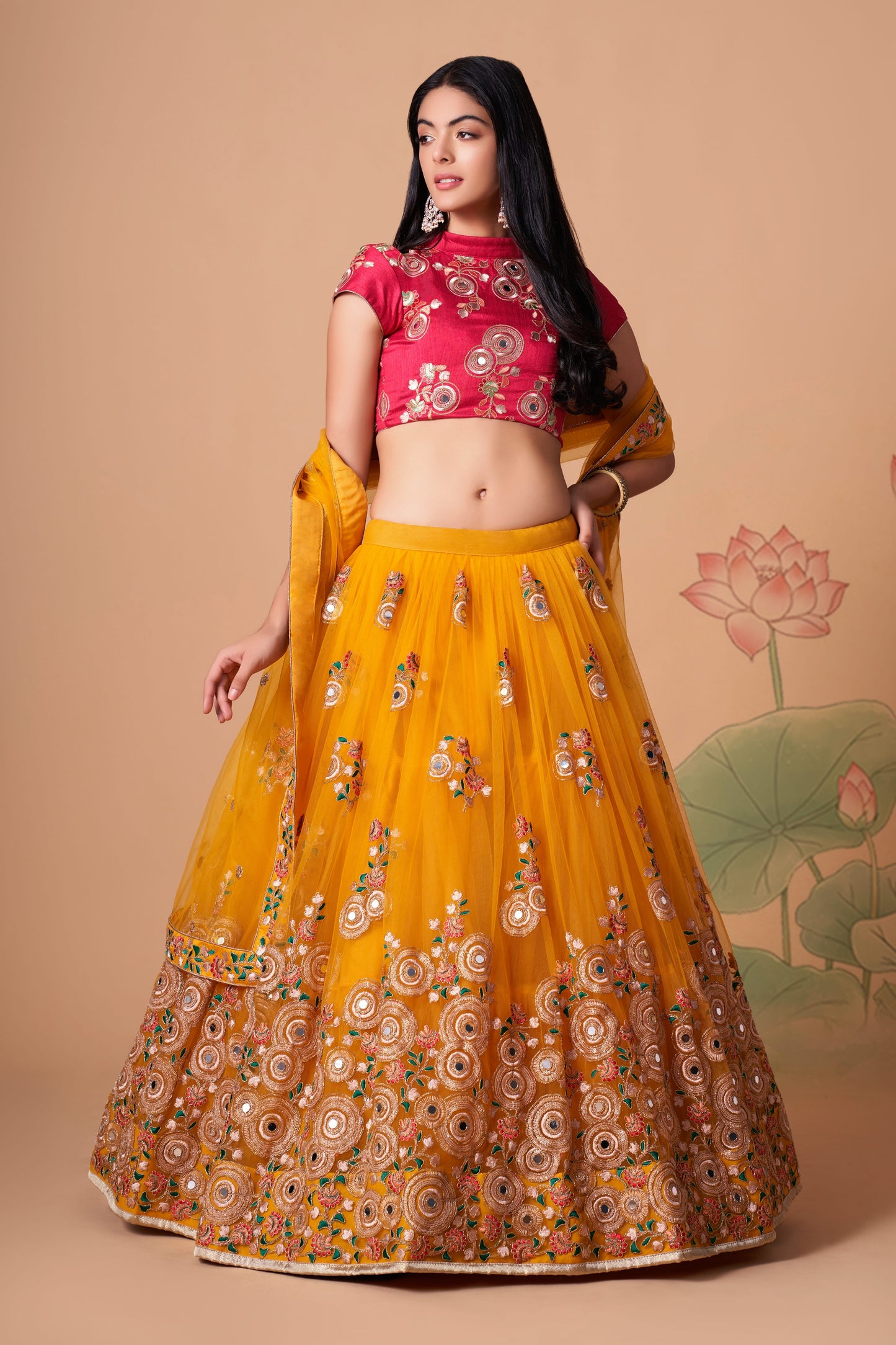 Yellow Soft Net Mirror Embroidered Lehenga Choli Set