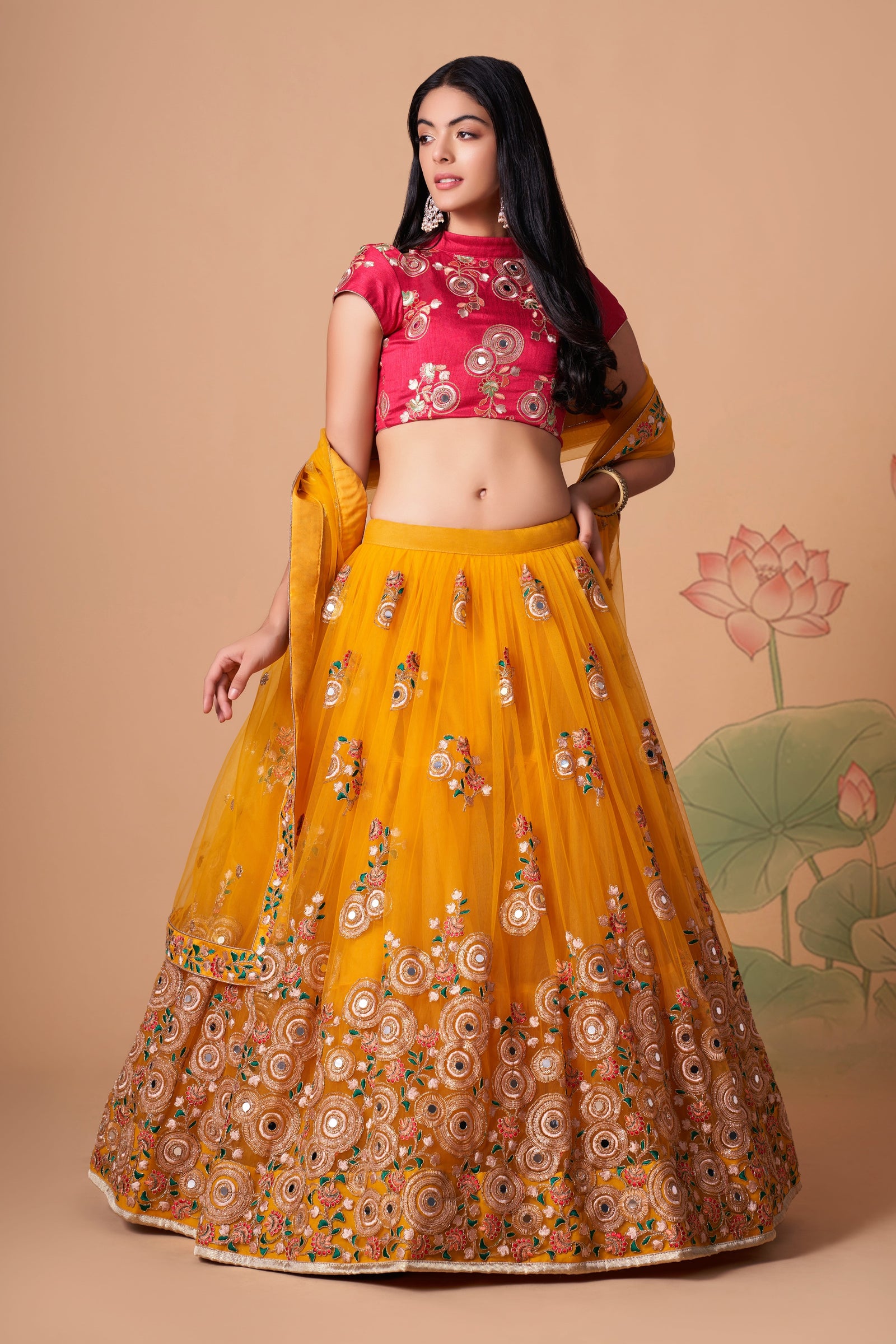 Yellow Soft Net Mirror Embroidered Lehenga Choli Set