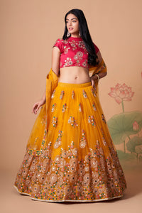 Yellow Soft Net Mirror Embroidered Lehenga Choli Set