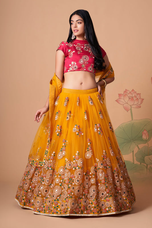 Yellow Soft Net Mirror Embroidered Lehenga Choli Set
