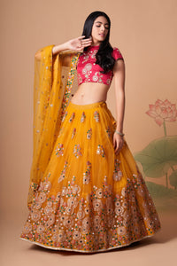 Yellow Soft Net Mirror Embroidered Lehenga Choli Set