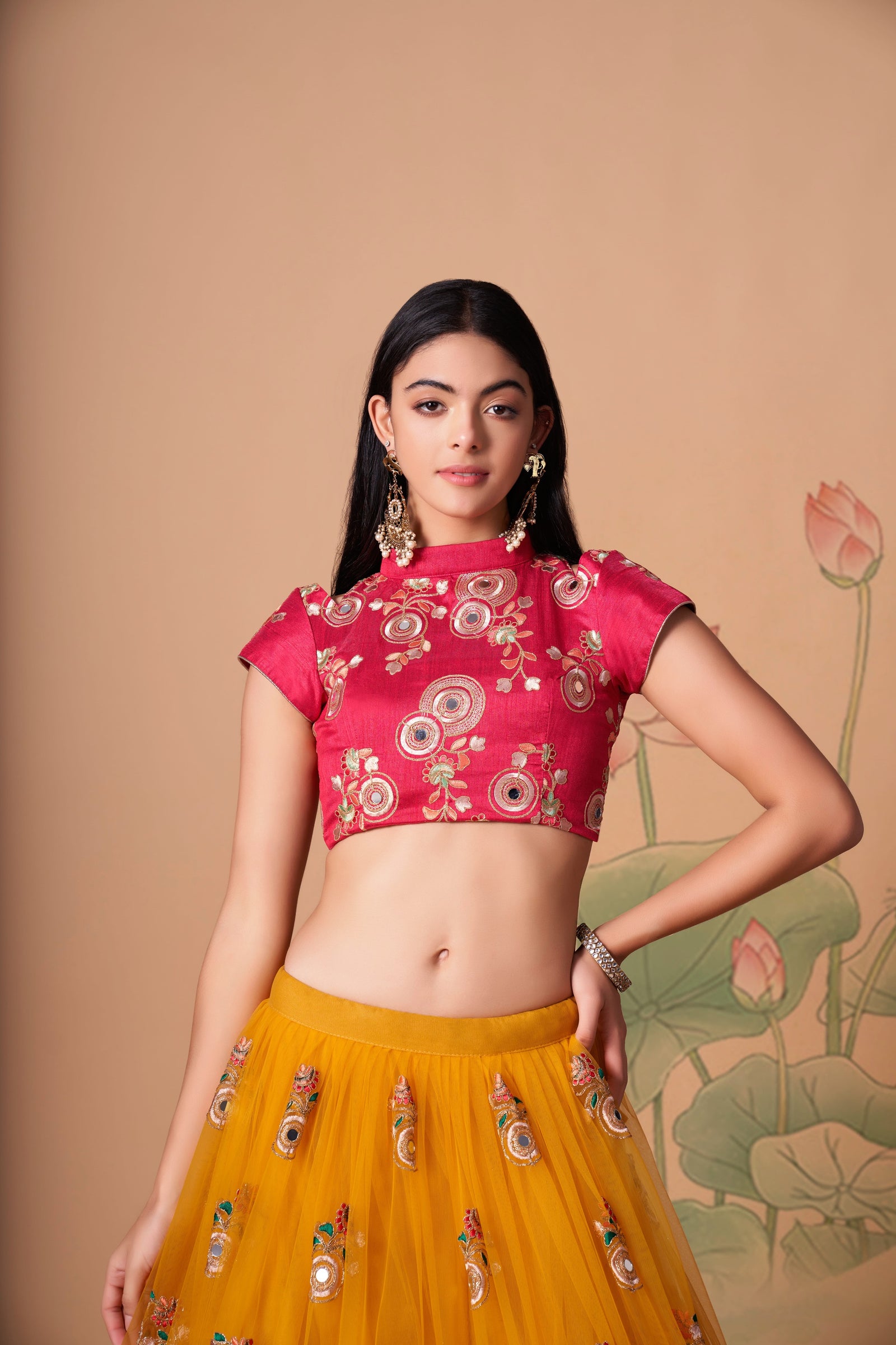 Yellow Soft Net Mirror Embroidered Lehenga Choli Set