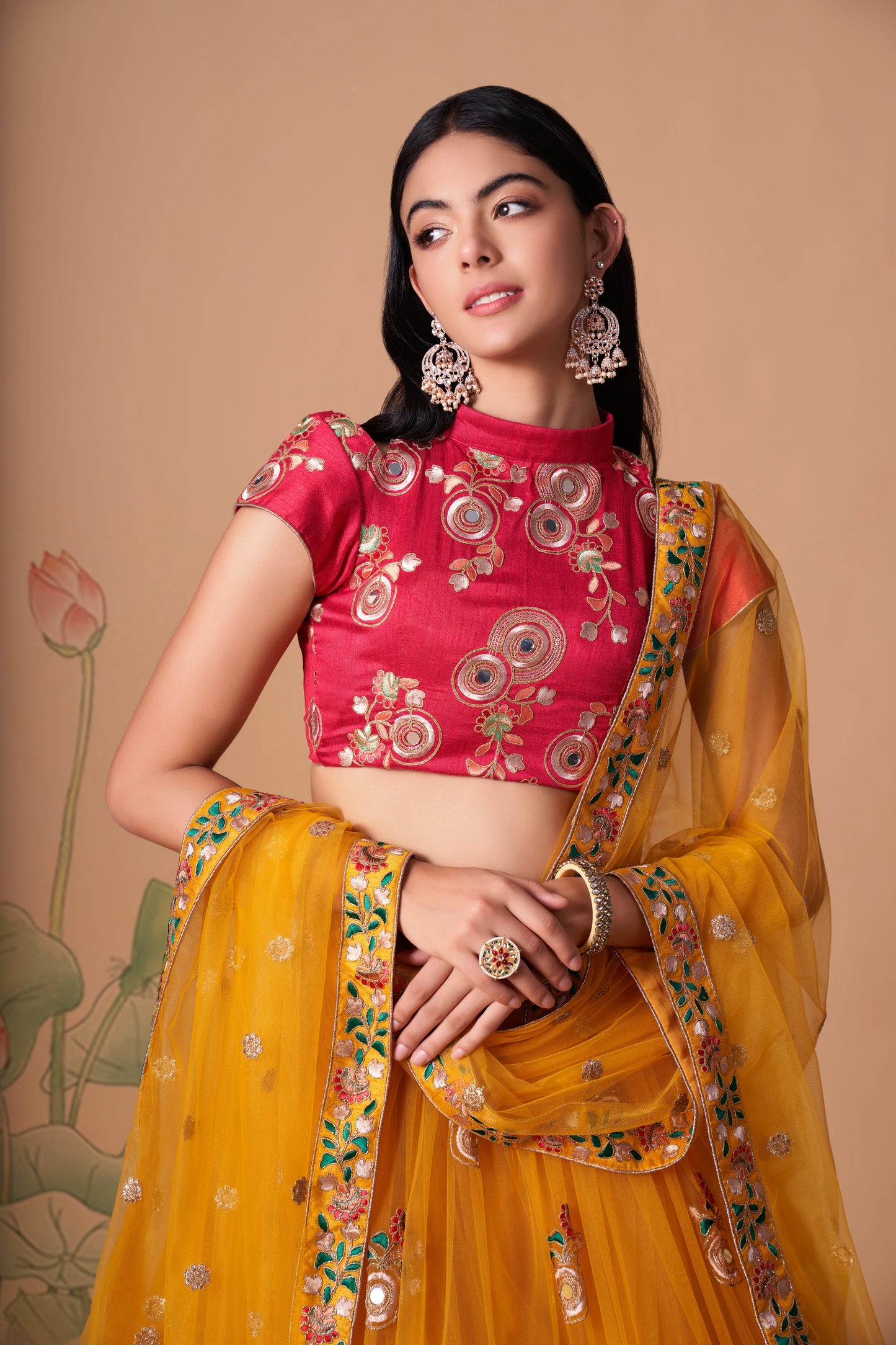 Yellow Soft Net Mirror Embroidered Lehenga Choli Set