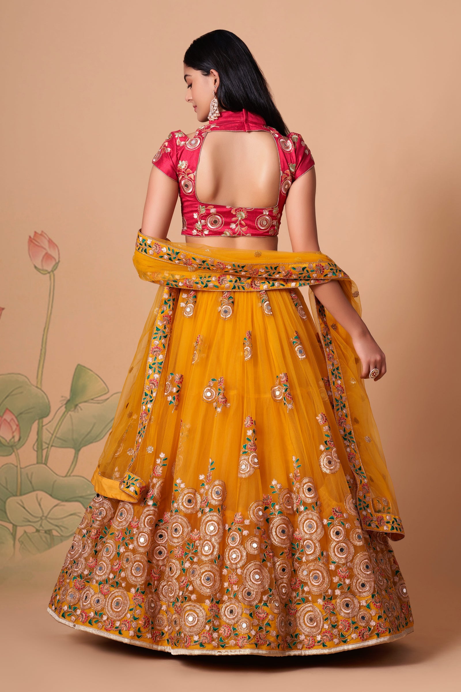 Yellow Soft Net Mirror Embroidered Lehenga Choli Set
