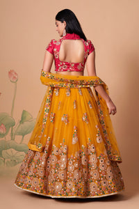 Yellow Soft Net Mirror Embroidered Lehenga Choli Set