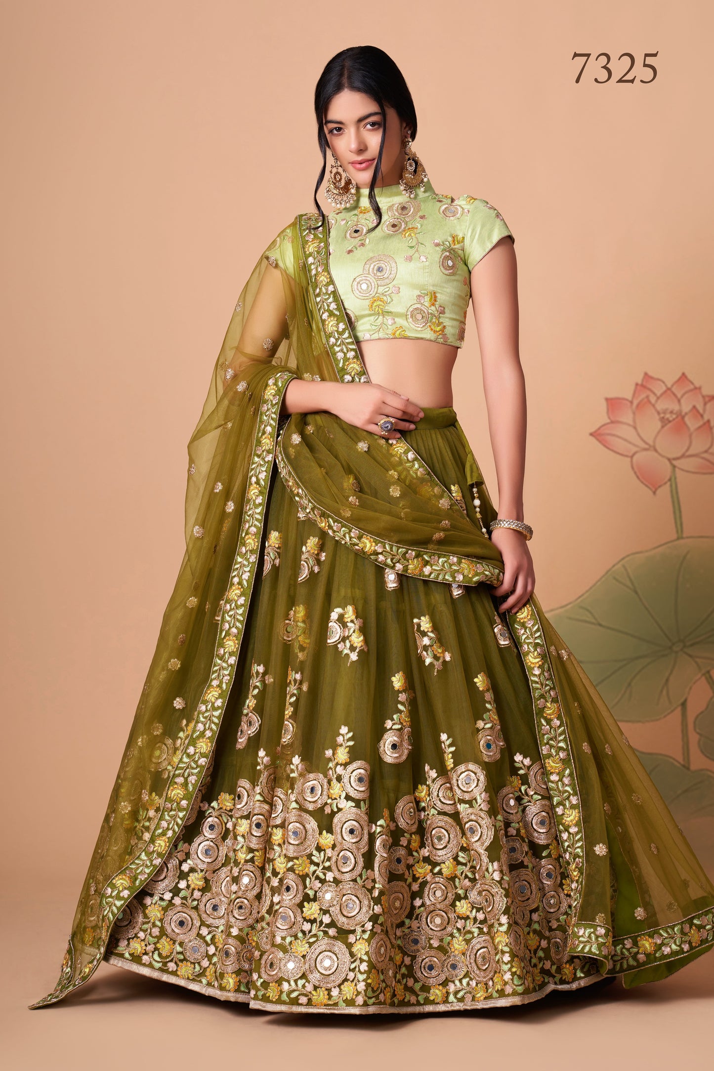 Mehndi Soft Net Mirror Embroidered Lehenga Choli Set