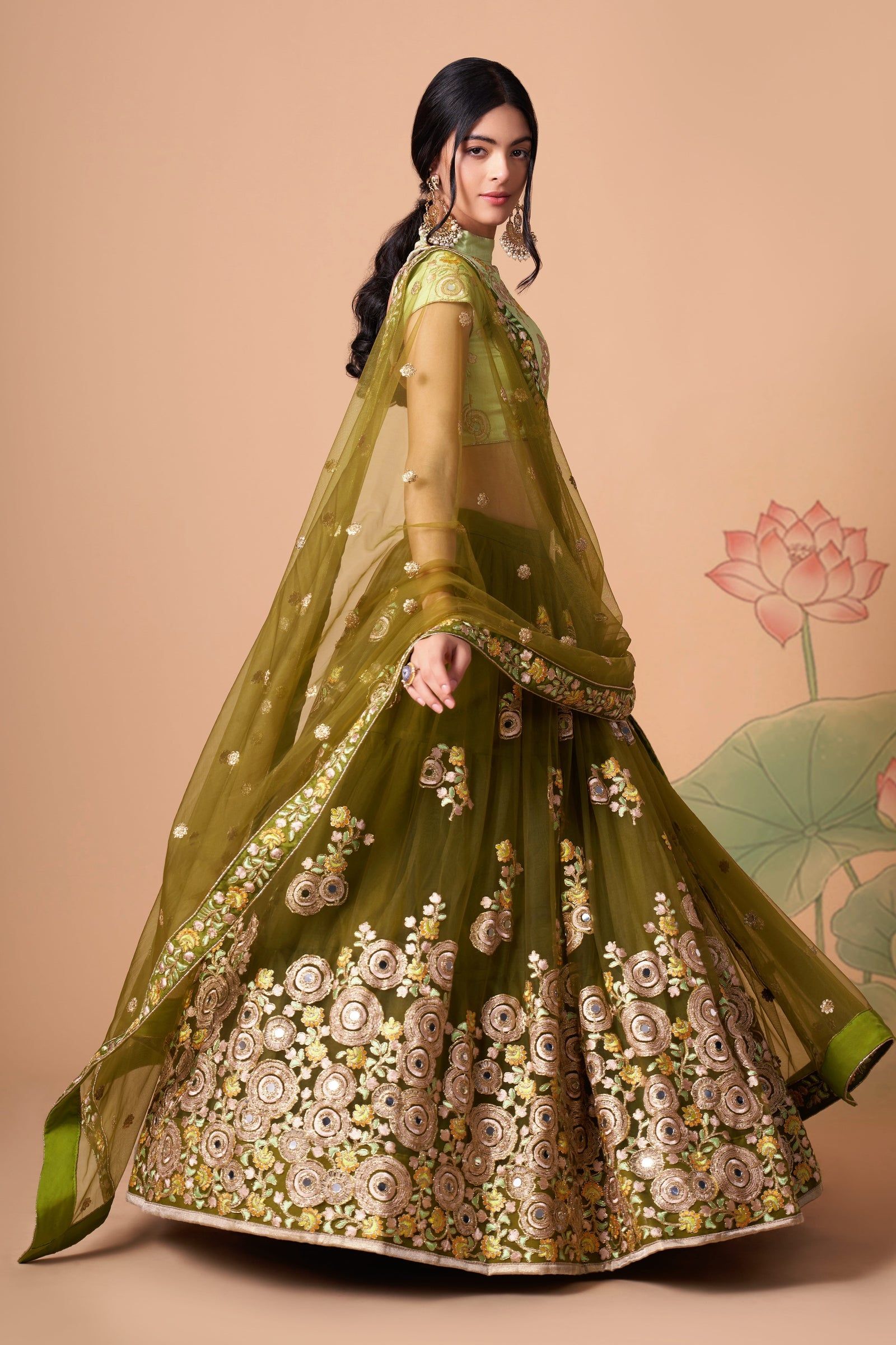 Mehndi Soft Net Mirror Embroidered Lehenga Choli Set