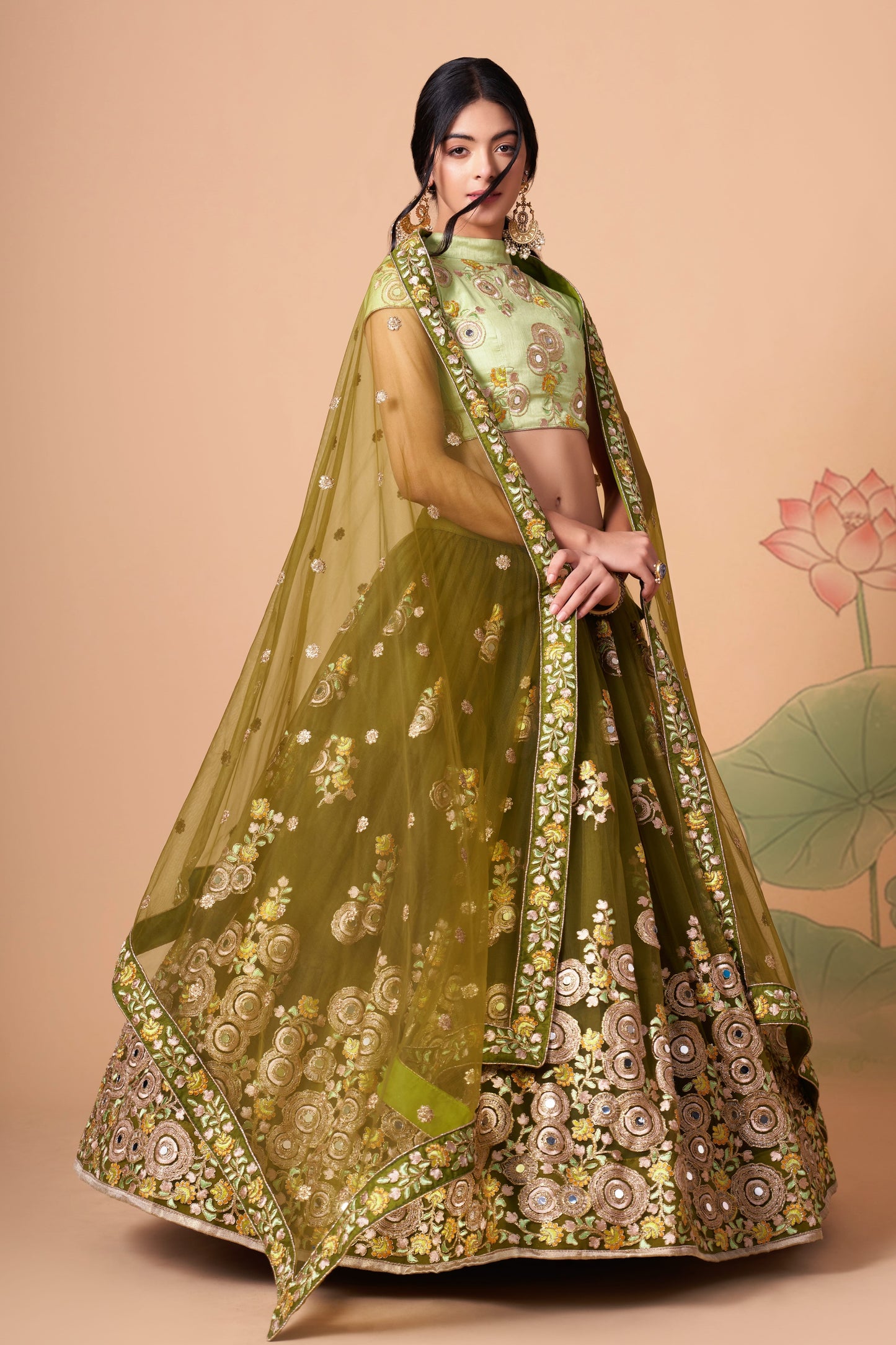 Mehndi Soft Net Mirror Embroidered Lehenga Choli Set