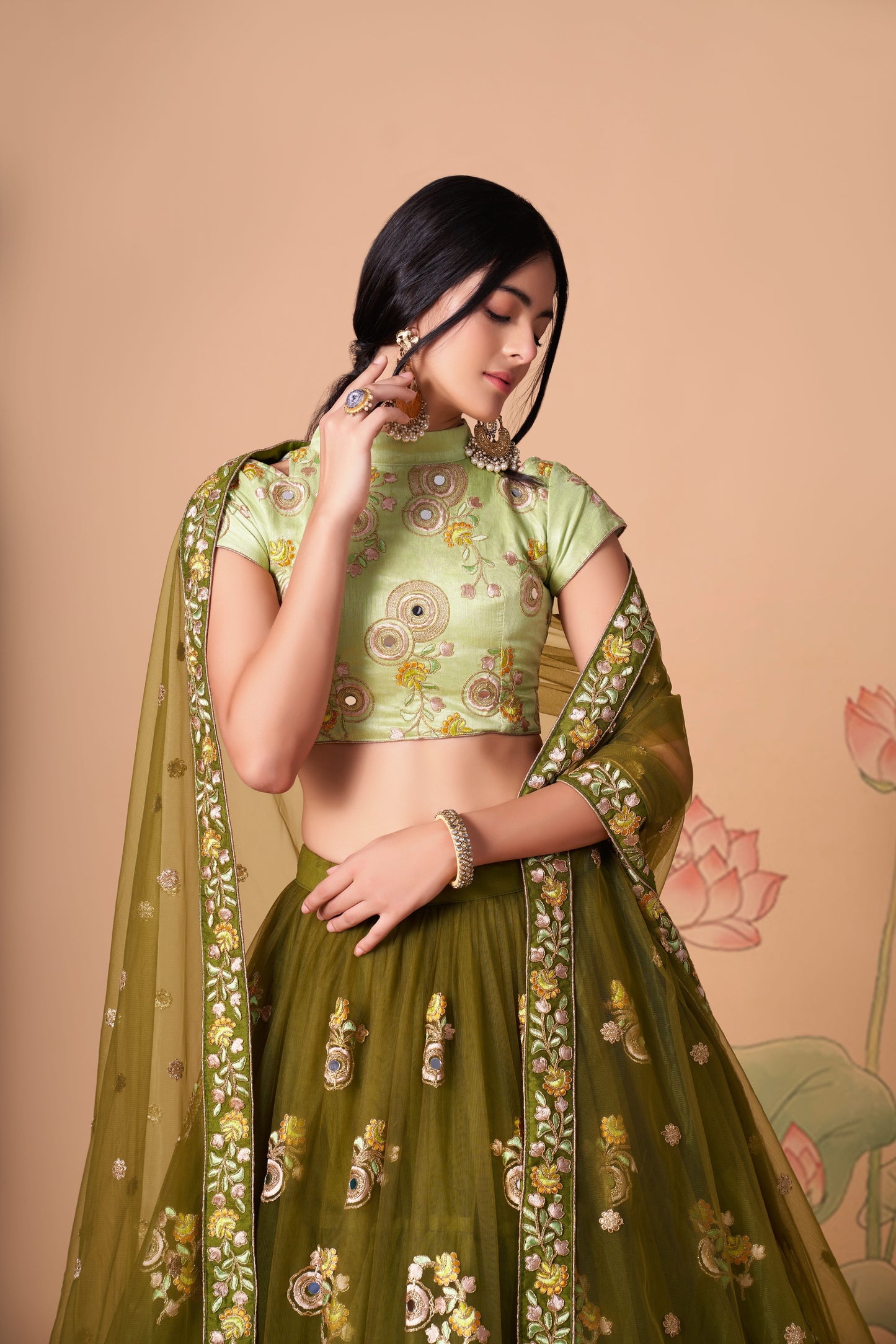 Mehndi Soft Net Mirror Embroidered Lehenga Choli Set