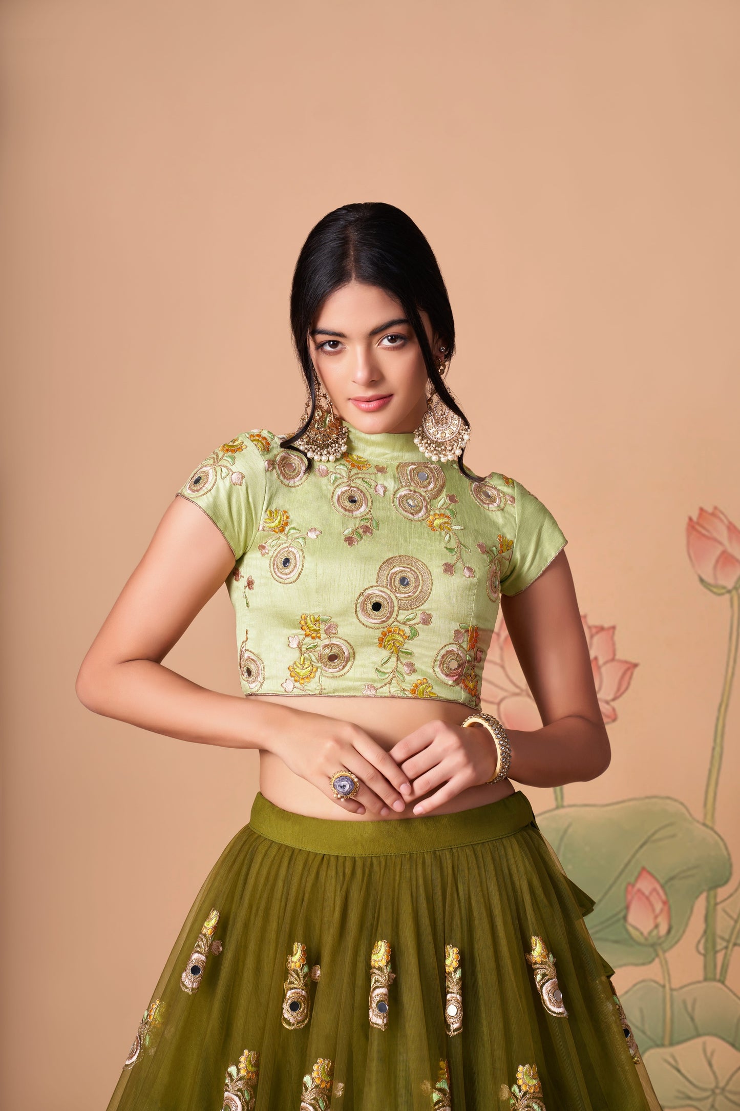 Mehndi Soft Net Mirror Embroidered Lehenga Choli Set