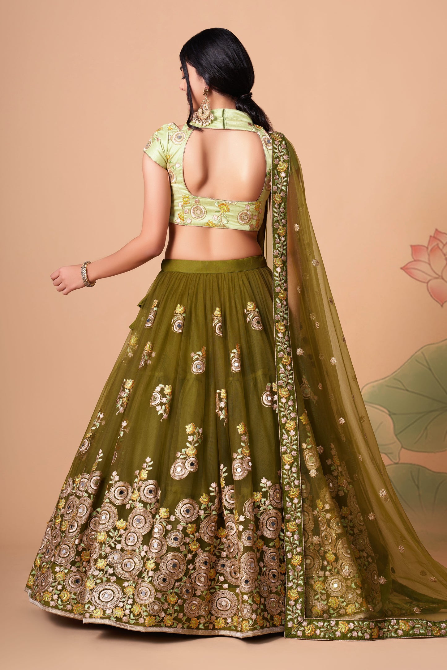 Mehndi Soft Net Mirror Embroidered Lehenga Choli Set