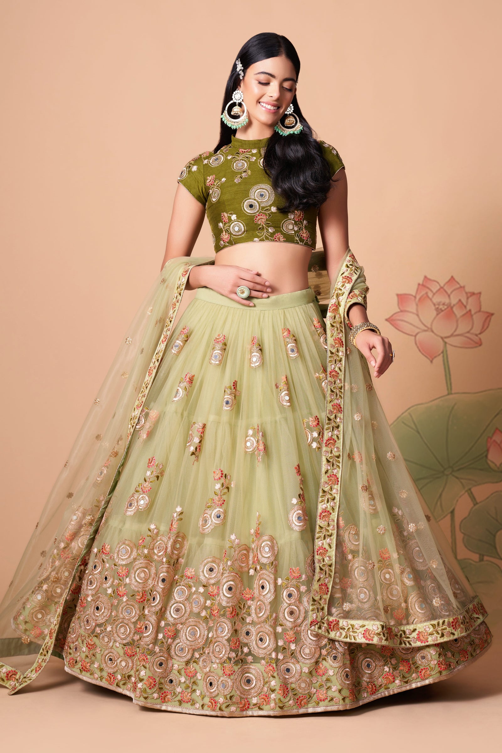 Pista Soft Net Mirror Embroidered Lehenga Choli Set